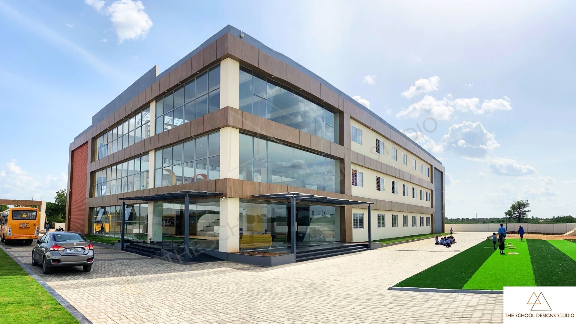 Pragati Vidyalaya, Challakere (Front Elevation). Designed by The School Designs Studio (India's Leading architecture firm for educational institution design).