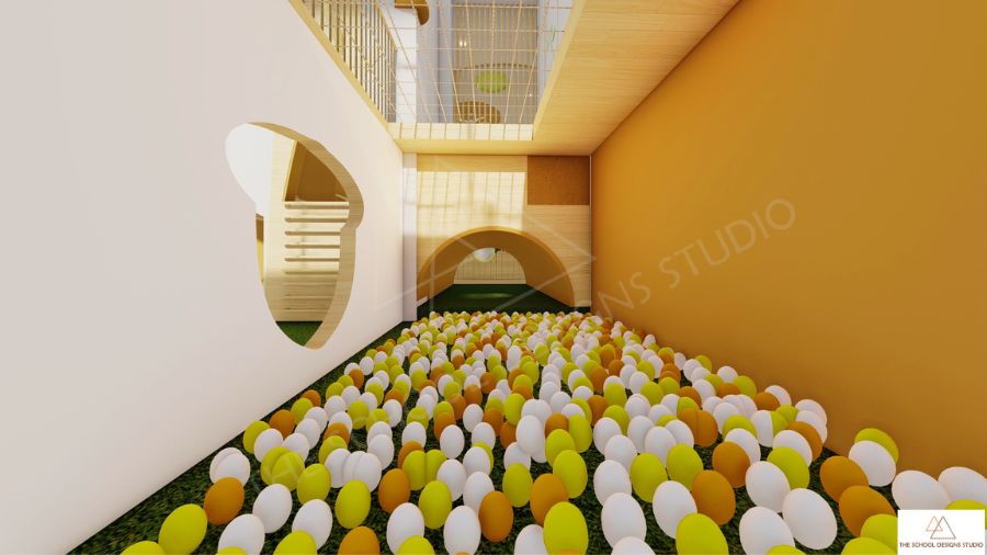 Indoor ball pit play zone at The Hugs and Cuddles Haven preschool in Ahmedabad designed by The School Designs Studio, known as a best architecture firm for preschool design in India