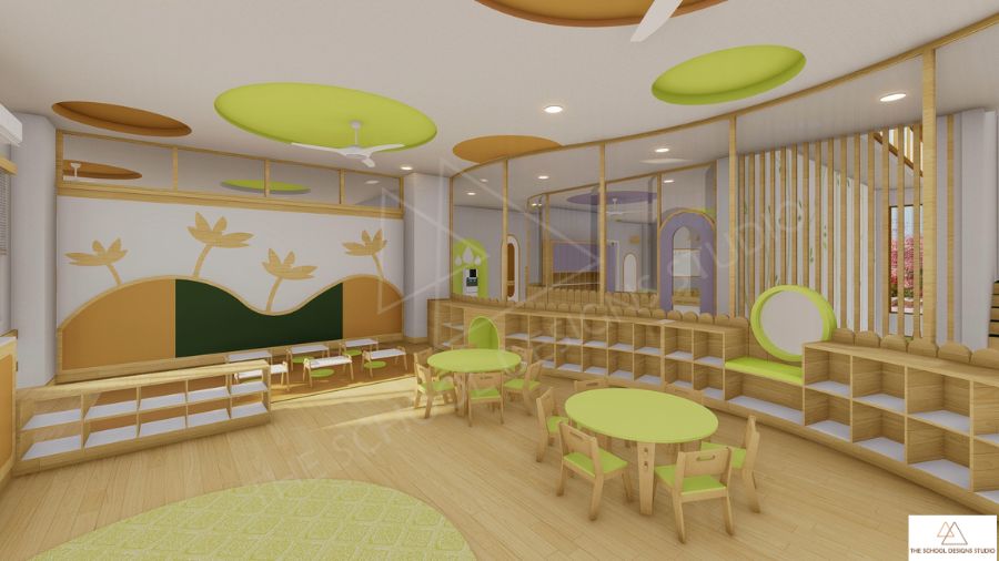 Little Gatherers classroom at The Hugs and Cuddles Haven preschool in Ahmedabad designed by The School Designs Studio, a leading preschool architect in India, focusing on tactile and nurturing learning environments