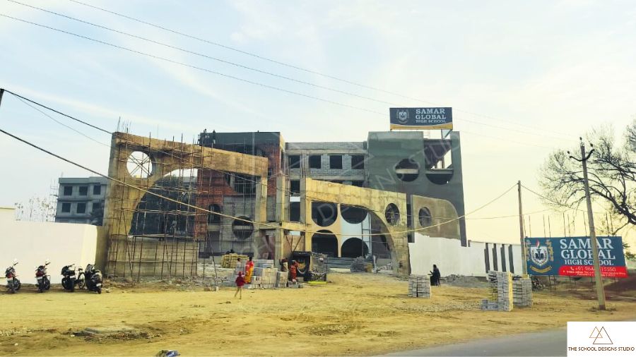 Ongoing construction of school entrance gateway at Samar Global School Ludhiana designed by The School Designs Studio