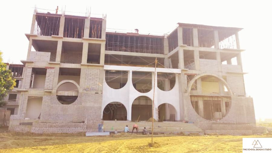 Front elevation of the main entrance of Samar Global School, Ludhiana, under construction, featuring a modern school entrance design by The School Designs Studio.