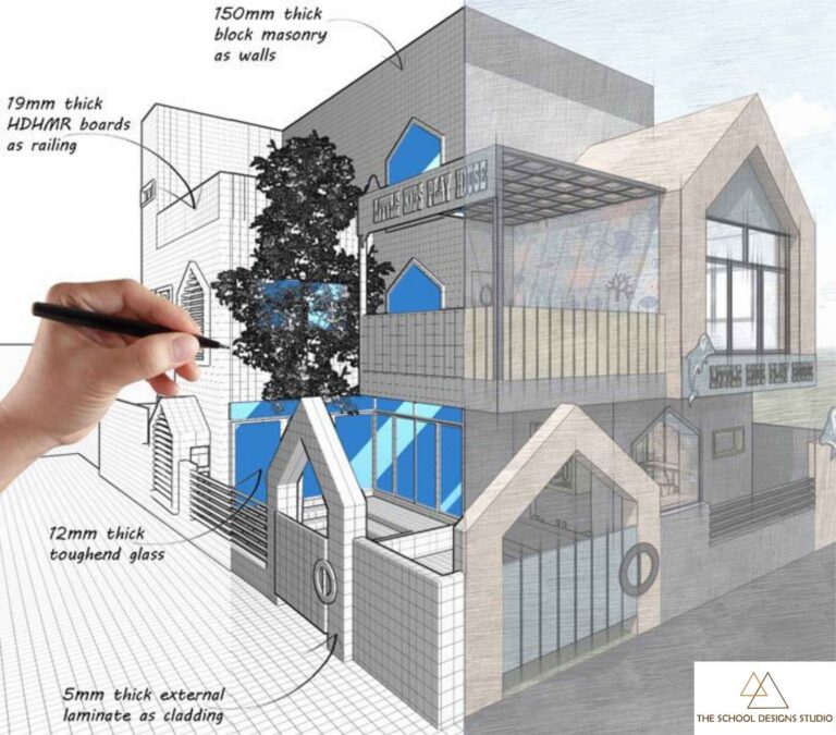Architect’s hand sketching a 3D building model showing construction layers like masonry walls, glass, and cladding—illustrating how experts ensure error-free execution in school design.