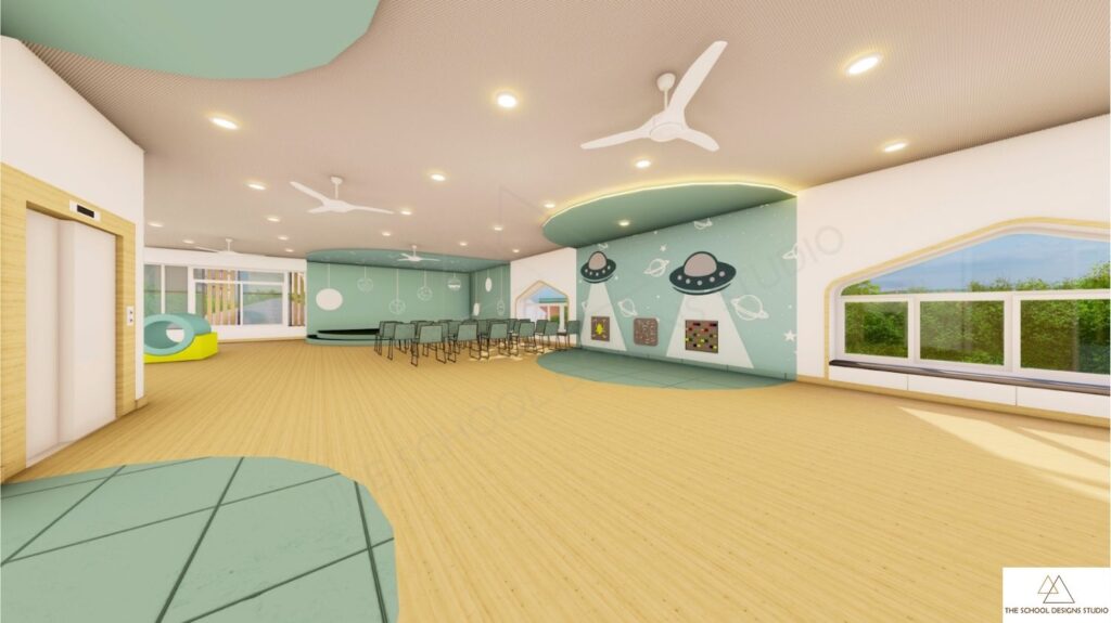 Multi-purpose school hall interior designed for flexible learning and adaptable use, illustrating how thoughtful architectural planning maximizes space and reduces construction costs.