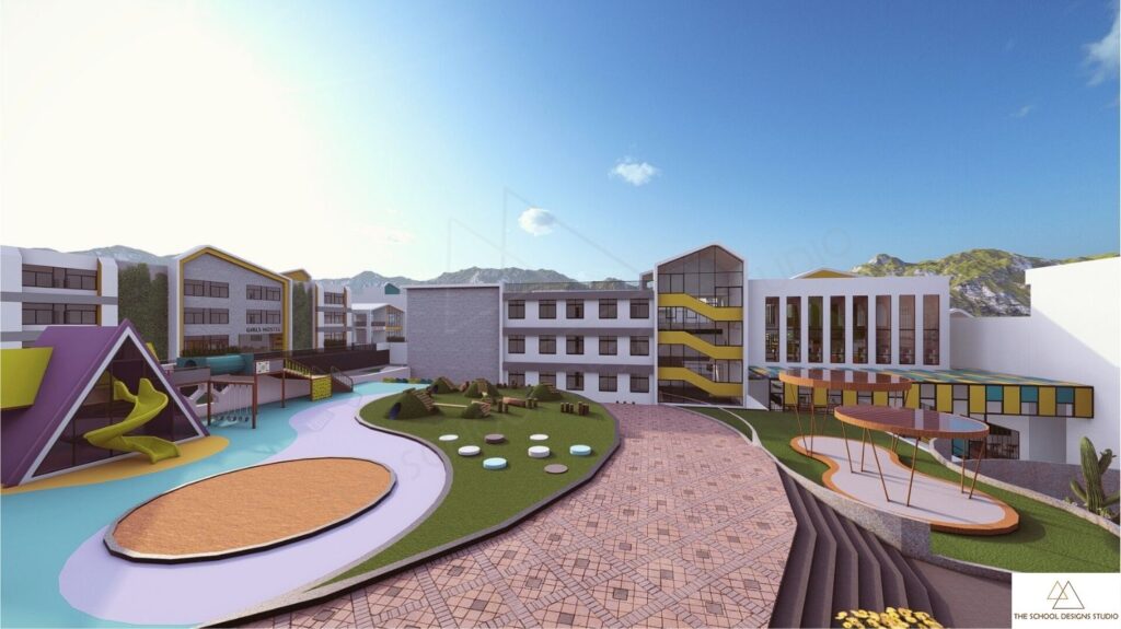 Expansive K12 CBSE school campus view of Unique International School in Parasia, Madhya Pradesh — masterplanned by The School Designs Studio with outdoor play areas, aligning school vision, educational philosophy, local regulations, and future expansions to achieve cost-efficient, sustainable architecture.