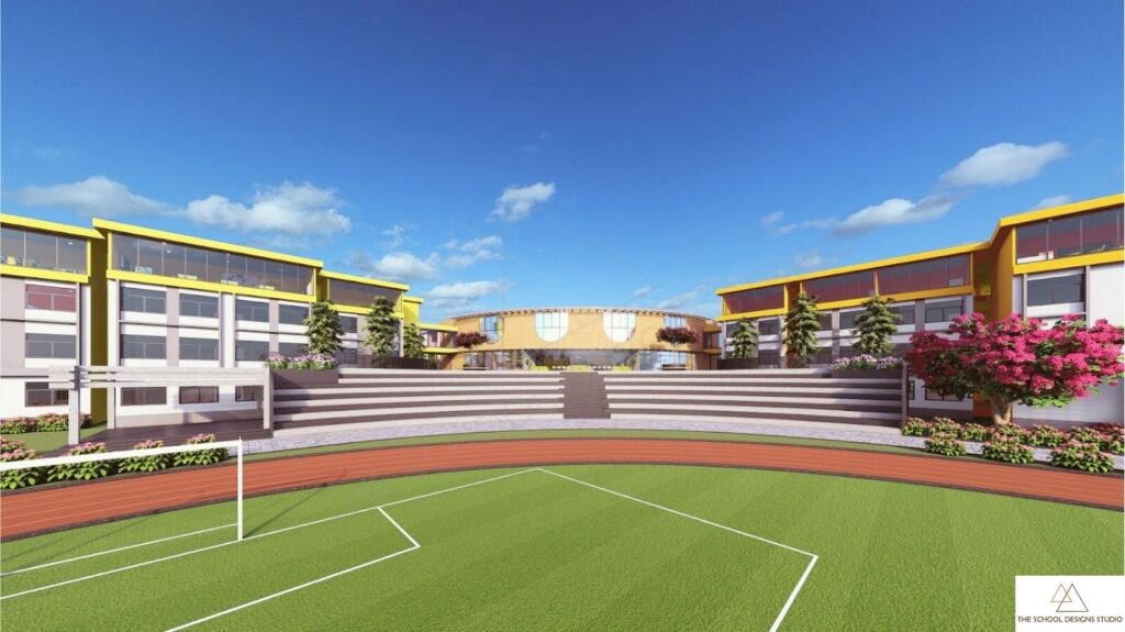 Architectural design of PP Savani School of Excellence in Bardoli, Gujarat, designed by The School Designs Studio, showcasing a modern amphitheatre and admin block that reflect strong school identity and innovative campus design.