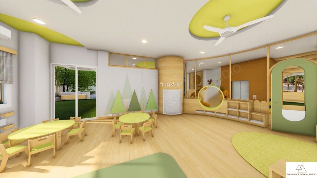 Prehool classroom design specifically named "Nestling Classroom" inspired by Squirrel life cycle at The Hugs and Cuddles Haven, Ahmedabad featuring durable finishes, soft colors, and cost-efficient architecture by The School Designs Studio.