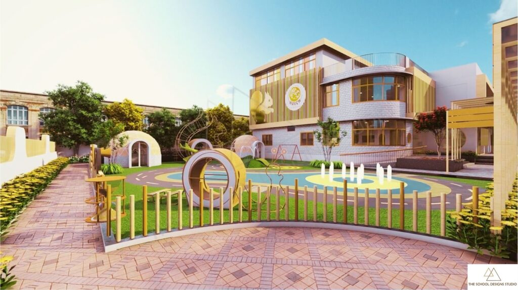 Sustainable preschool architecture with solar-ready design, outdoor play zone, and eco-friendly materials at The Hugs and Cuddles Haven, Ahmedabad by The School Designs Studio.