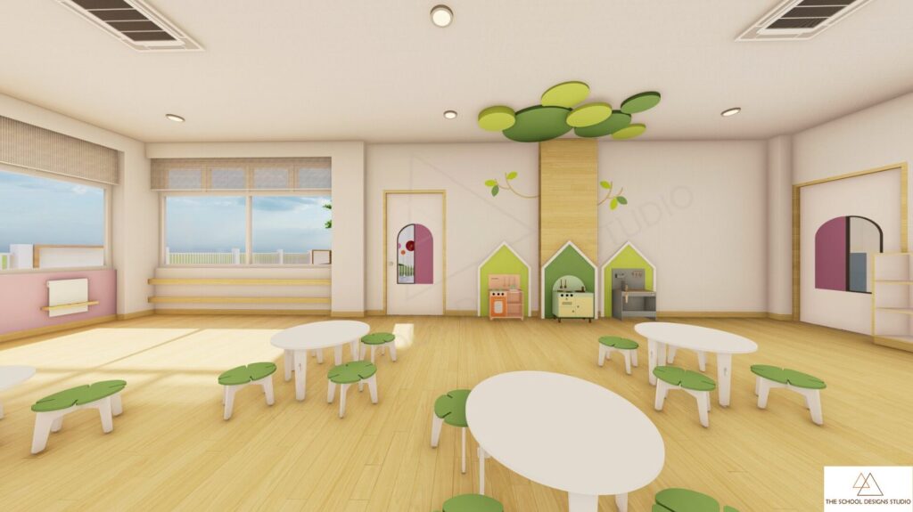 A clutter-free and organized classroom layout at Samar Global High School in Ludhiana designed by The School Designs Studio, featuring minimal furniture, ample natural light, and thoughtfully arranged learning spaces that support student focus and calm learning environments.