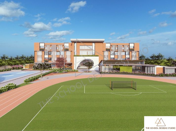 Featured campus view of Birla Open Minds International School in Rajahmundry, Andhra Pradesh, showing the main school building, athletics track, football field and landscaped outdoor learning zones, designed by The School Designs Studio — a top architecture firm specialising in innovative K12 school design.