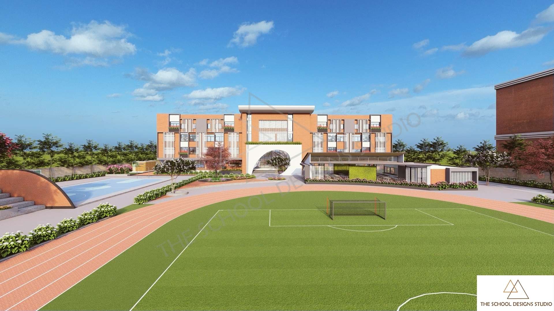 Birla Open Minds International School Rajahmundry campus architecture designed by The School Designs Studio – modern school building with sports facilities and landscaped outdoor spaces.