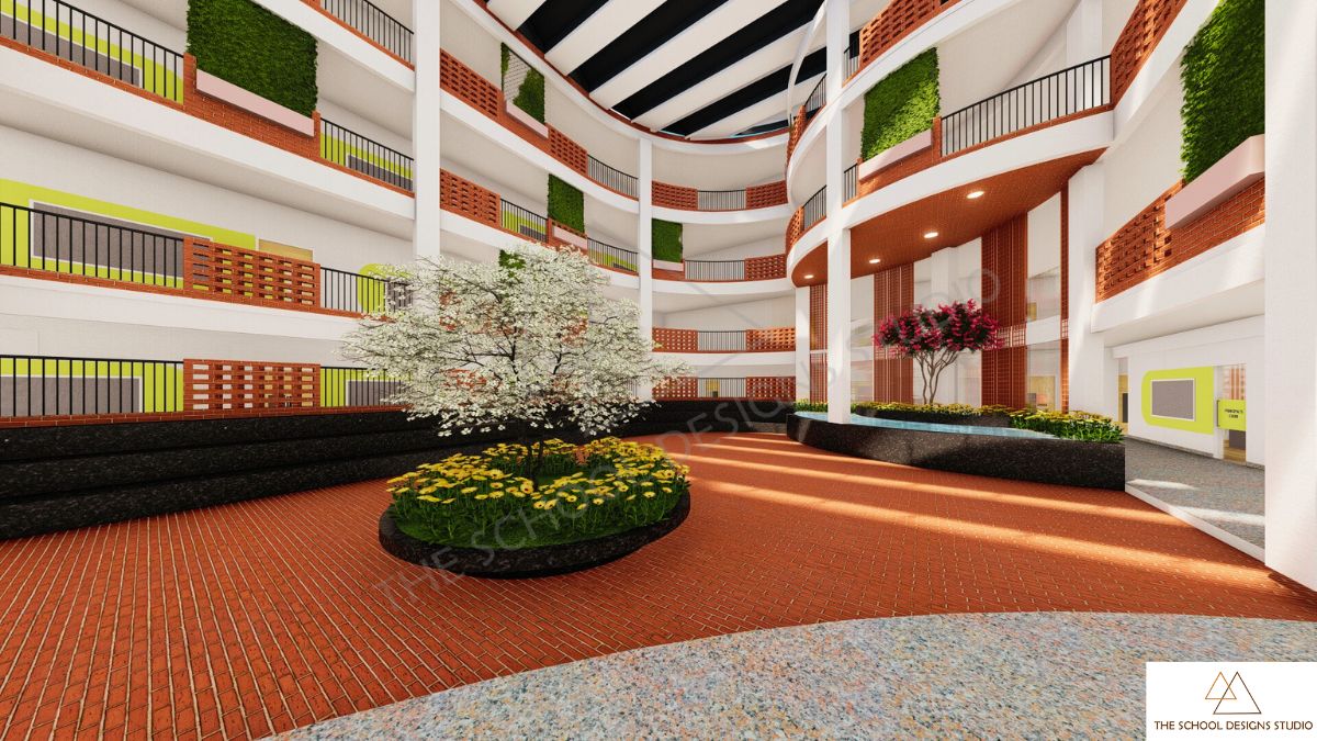 Courtyard design of Birla Open Minds International School in Rajahmundry, created by the school designs studio, a leading architecture firm specialising in educational institution design.