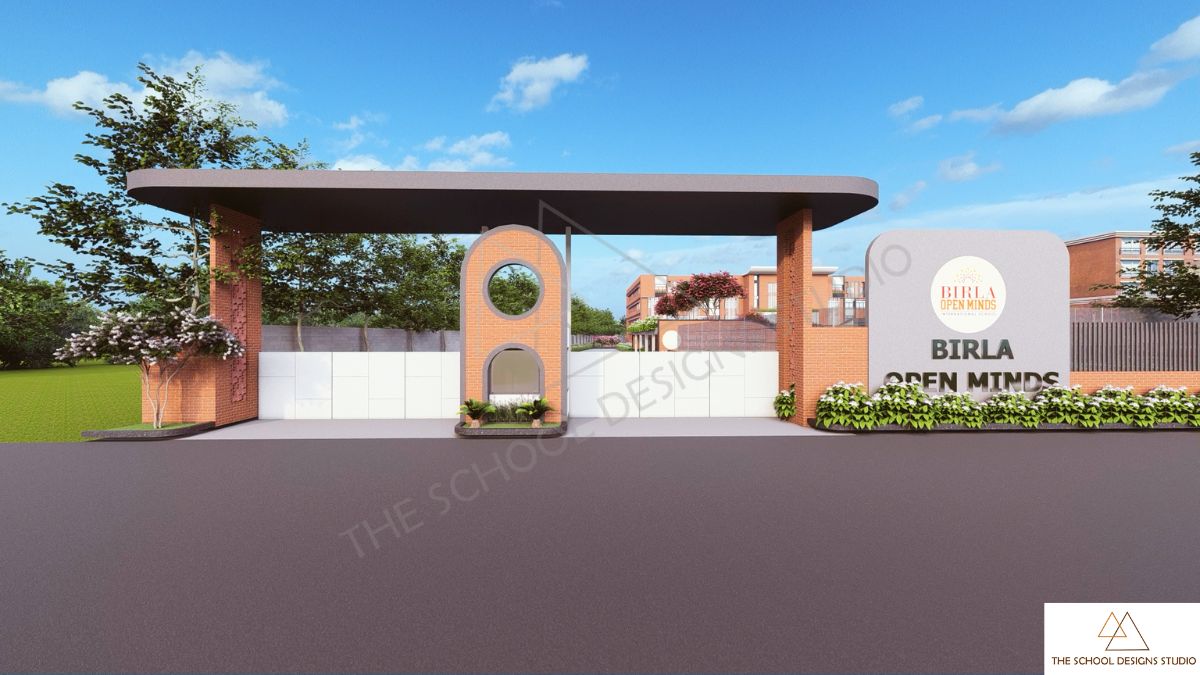 Entrance gateway of Birla Open Minds International School in Rajahmundry, designed by the school designs studio, a top architecture firm specialising in educational institution design.