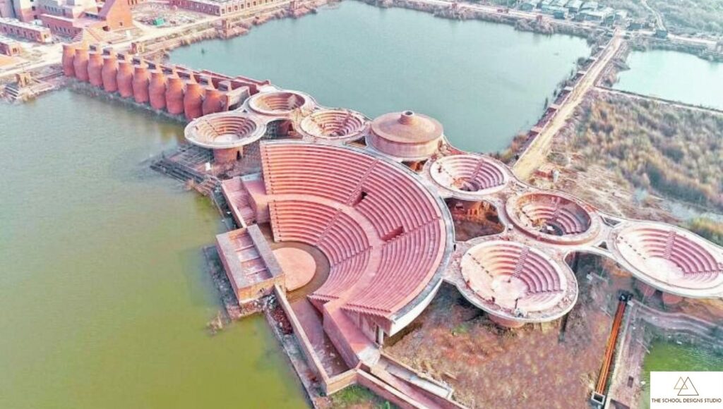 Aerial view of the amphitheatre at Nalanda University new campus in Rajgir, Bihar.
