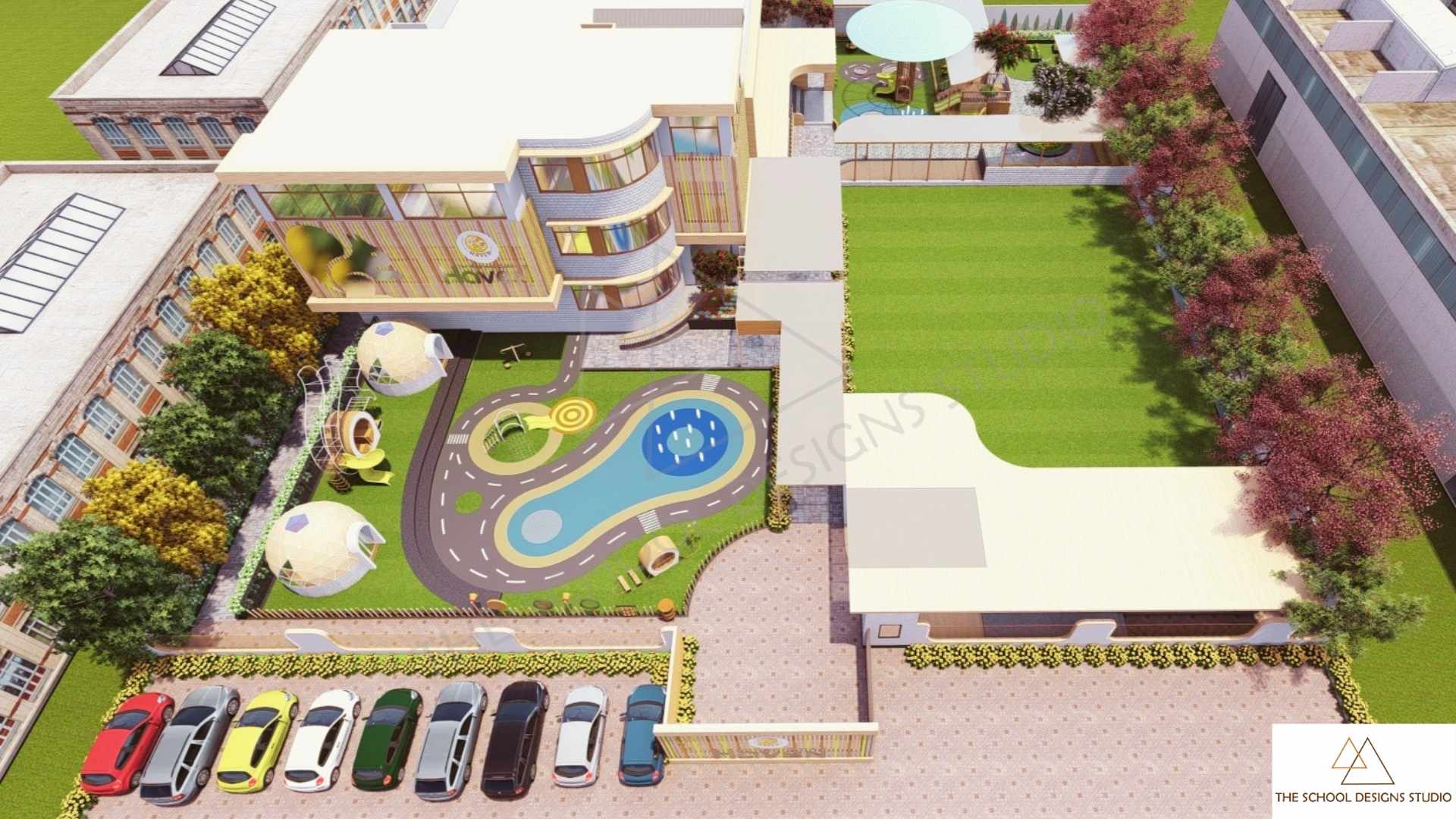 Bird’s eye view of premium preschool design in Ahmedabad by The School Designs Studio, showcasing outdoor play zones,parking area, child-centric campus planning, and innovative layout by top preschool architects in India.