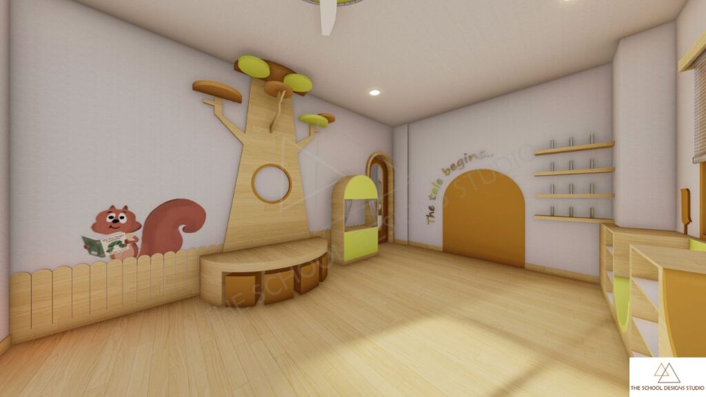 Preschool library space at The Hugs and Cuddles Haven Ahmedabad featuring Peeko the red-mountain squirrel theme, designed by The School Designs Studio with child-centric reading and storytelling environment
